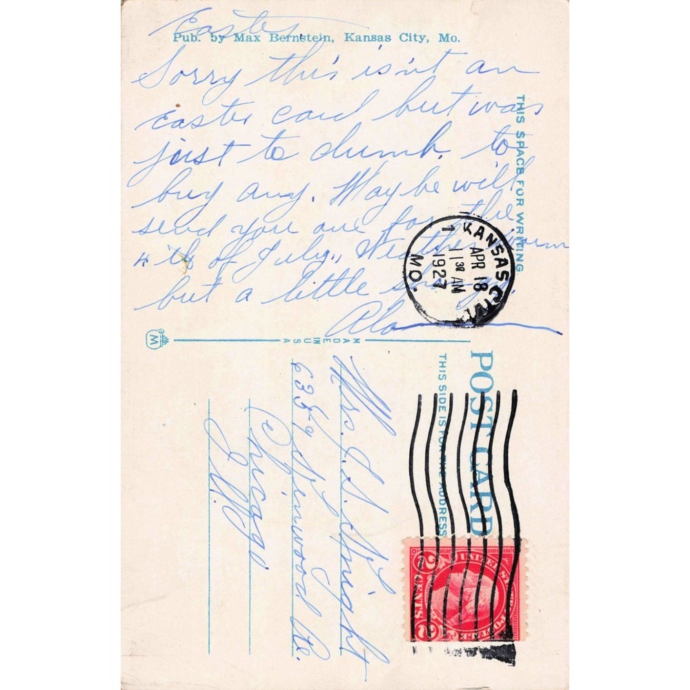 Vintage Ivanhoe Temple Kansas City Missouri Postcard 1927 Postmark Max Bernstein - Picture 2 of 2